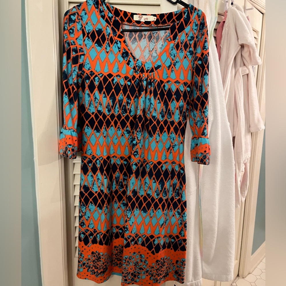 Aryeh Blue and Orange Dress with 3/4 Sleeves